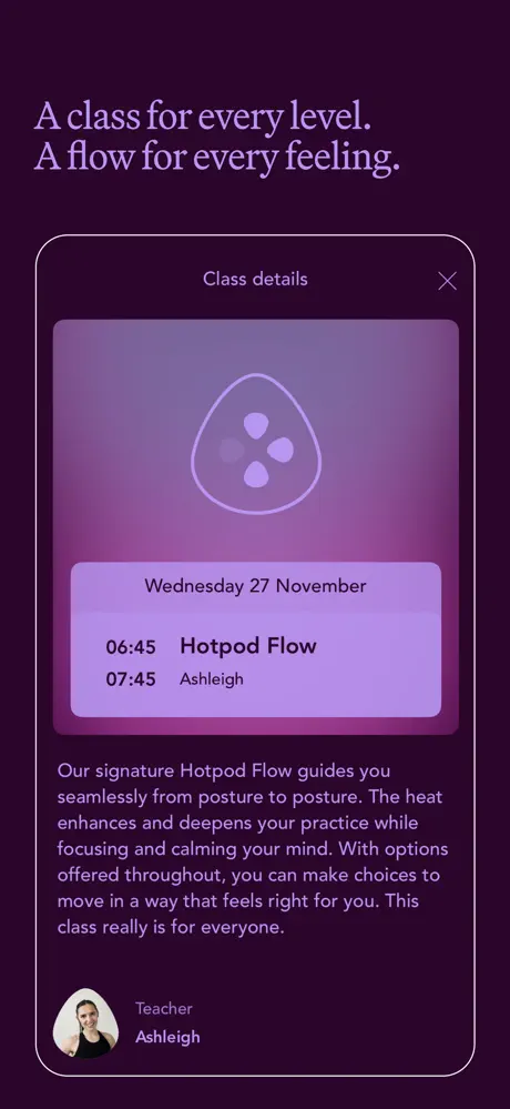 Hotpod Yoga mobile app screenshot of the user profile