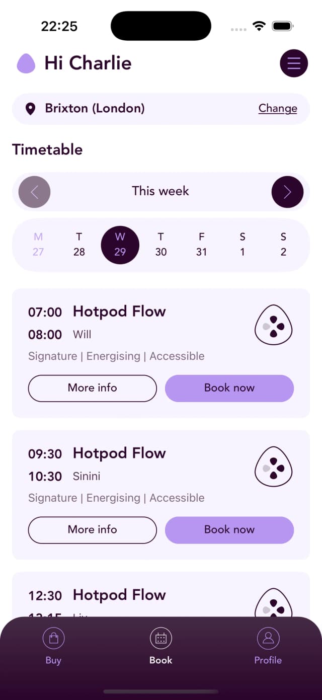 Hotpod Yoga mobile app screenshot of class details