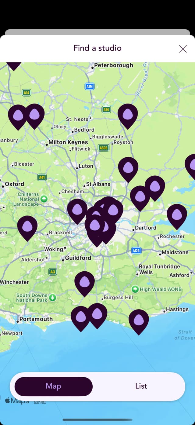 Hotpod Yoga mobile app screenshot of the class schedule