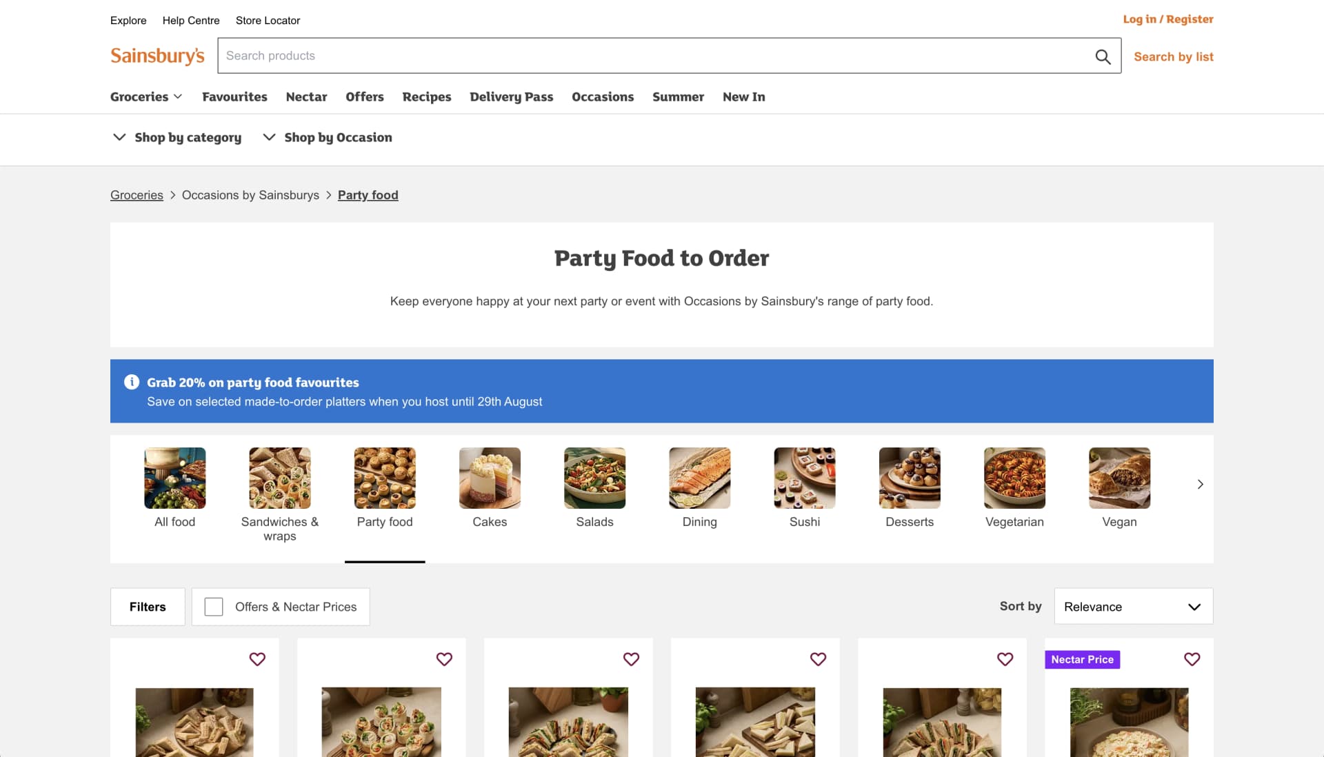 Close-up of the Food to Order feature on Sainsbury's website